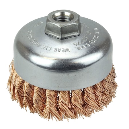 Weiler 4" Single Row Knot Wire Cup Brush .020" Bronze 5/8"-11 UNC Nut 12776